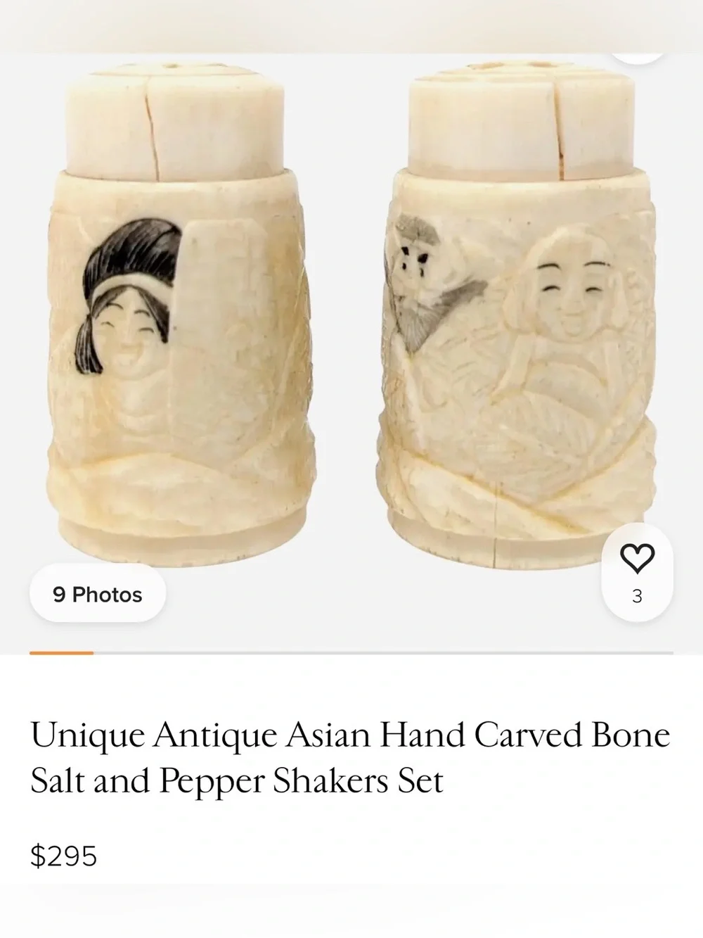 Vintage Set of Carved Faux Ivory (Bone?) Dragon Salt and Pepper Shakers AS-IS